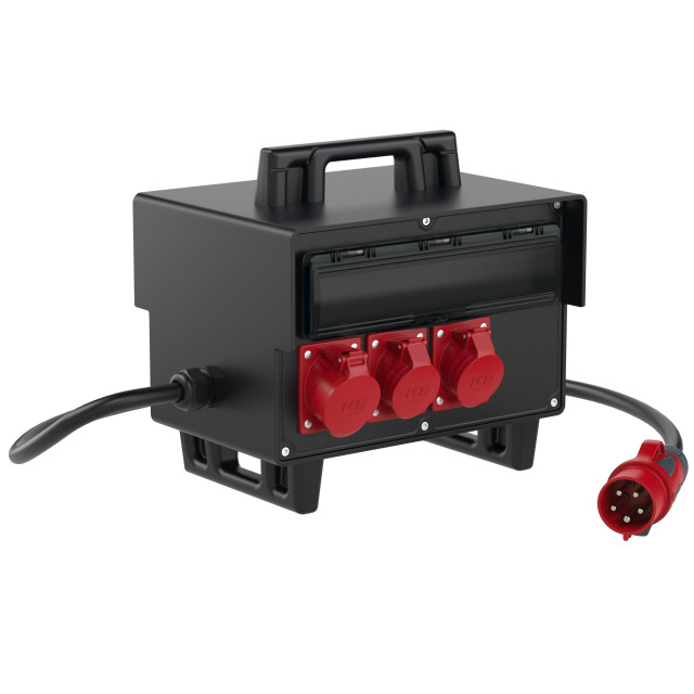 Coffret mobile caoutchouc PCE Schrems – 1 × CEE 32 A 5P + 2 × CEE 16 A 5P + 6 × 2P+T, câble avec fiche CEE 32 A