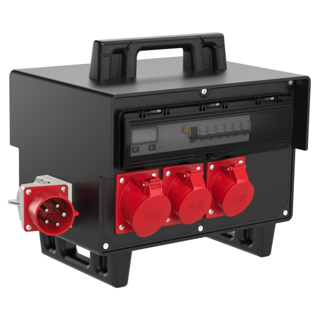 Coffret mobile caoutchouc PCE Schrems – 1 × CEE 32 A 5P + 2 × CEE 16 A 5P + 6 × 2P+T, socle CEE 32 A