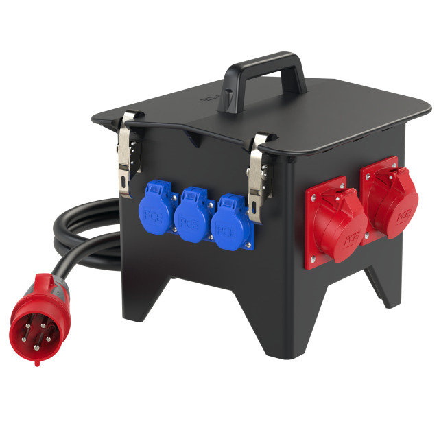 Coffret mobile caoutchouc PCE Spitz – 1 × CEE 32 A 5P + 2 × CEE 16 A 5P + 3 × 2P+T, 4 disjoncteurs – réf. 9474080