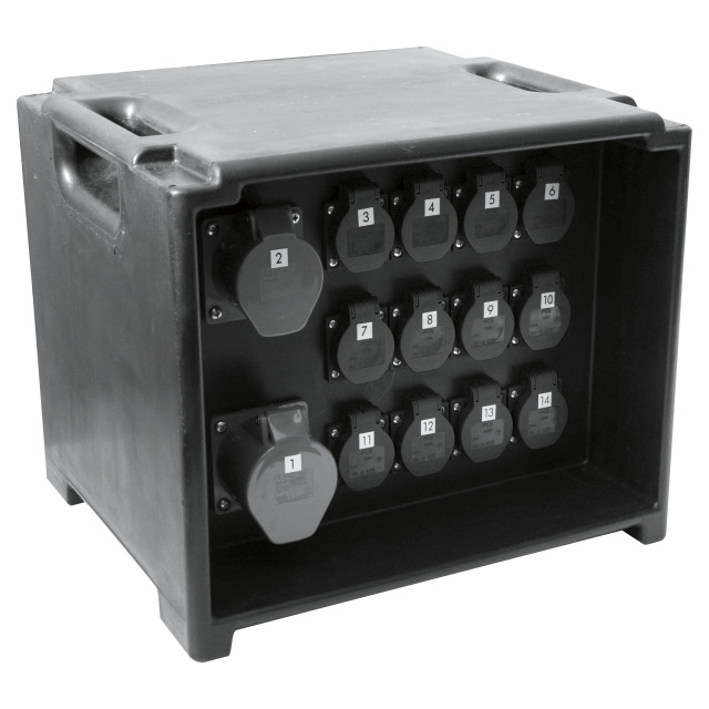 Coffret mobile plastique PCE Event – 1 × CEE 32 A 5P + 1 × CEE 16 A 5P + 12 × 2P+T