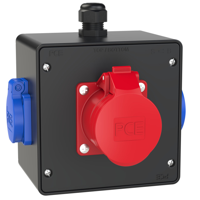 Coffret mural caoutchouc PCE Eisenstadt – 1 × CEE 16 A 5P + 2 × 2P+T, sans disjoncteur – réf. 9849050
