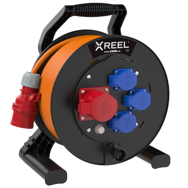 Enrouleur XREEL Ø 310 mm – 1 prise CEE 16 A 5P + 3 prises 2P+T, 25 m H07BQ-F 5G2,5