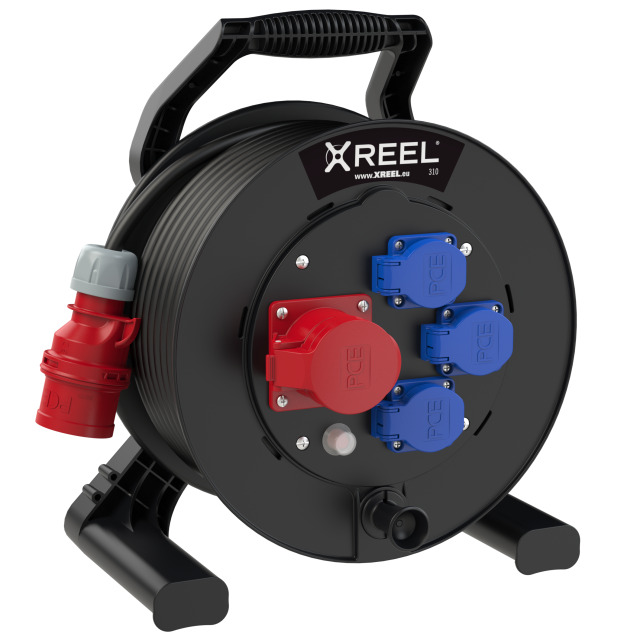Enrouleur XREEL Ø 310 mm – 1 prise CEE 16 A 3P+N+T + 3 prises 2P+T, 33 m H07RN-F 5G2,5